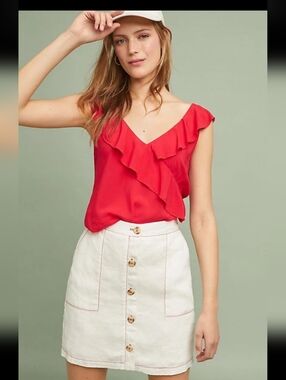 Anthropologie Amadi White Linen Mini Skirt with Red Contrast Stitching Sz Xs